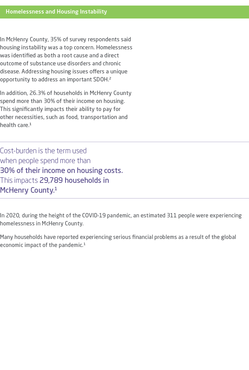 ￼ In McHenry County, 35% of survey respondents said housing instability was a top concern. Homelessness was identifie...