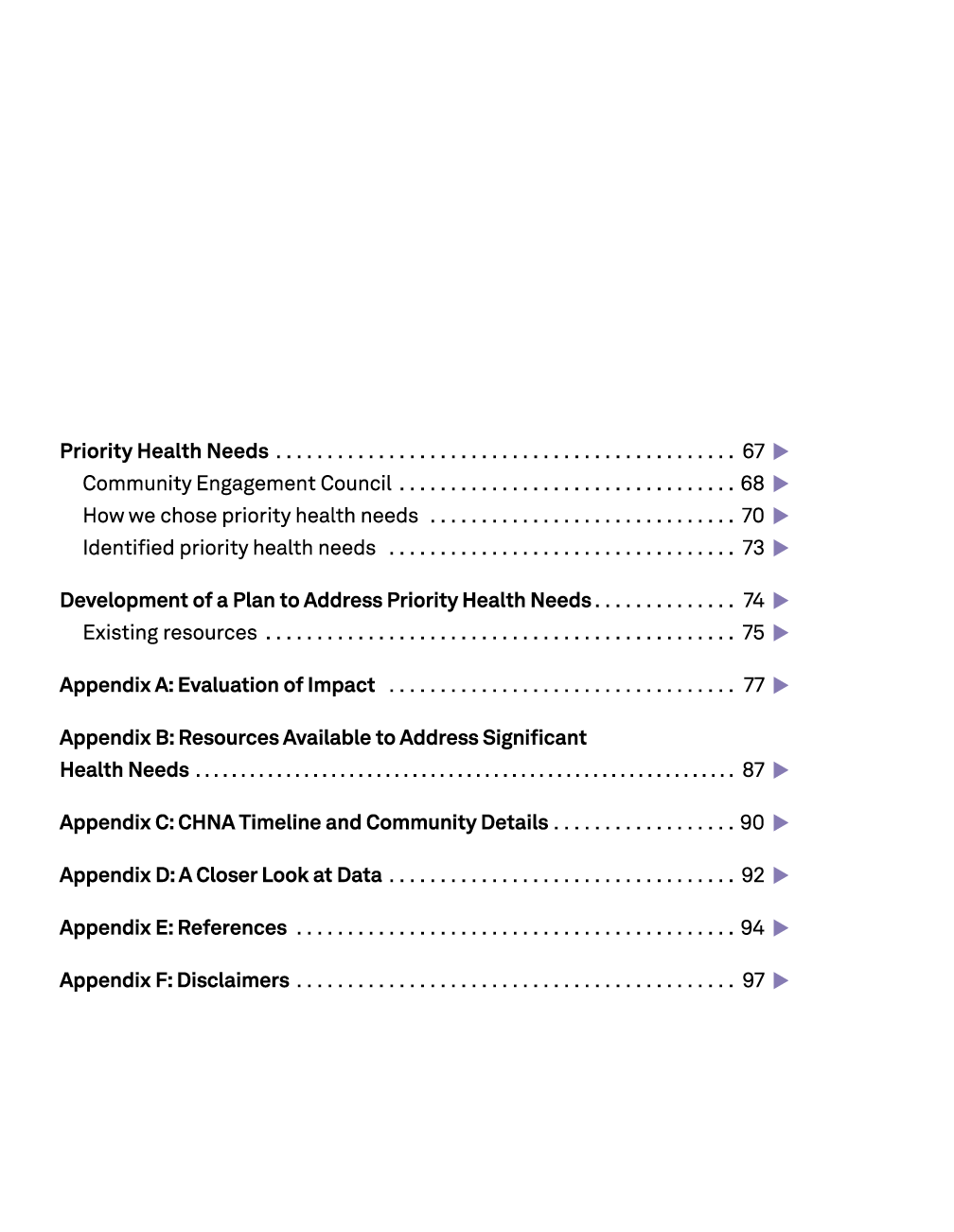  Priority Health Needs 67 ￼ Community Engagement Council 68 ￼ How we chose priority health needs 70 ￼ Identified prio...