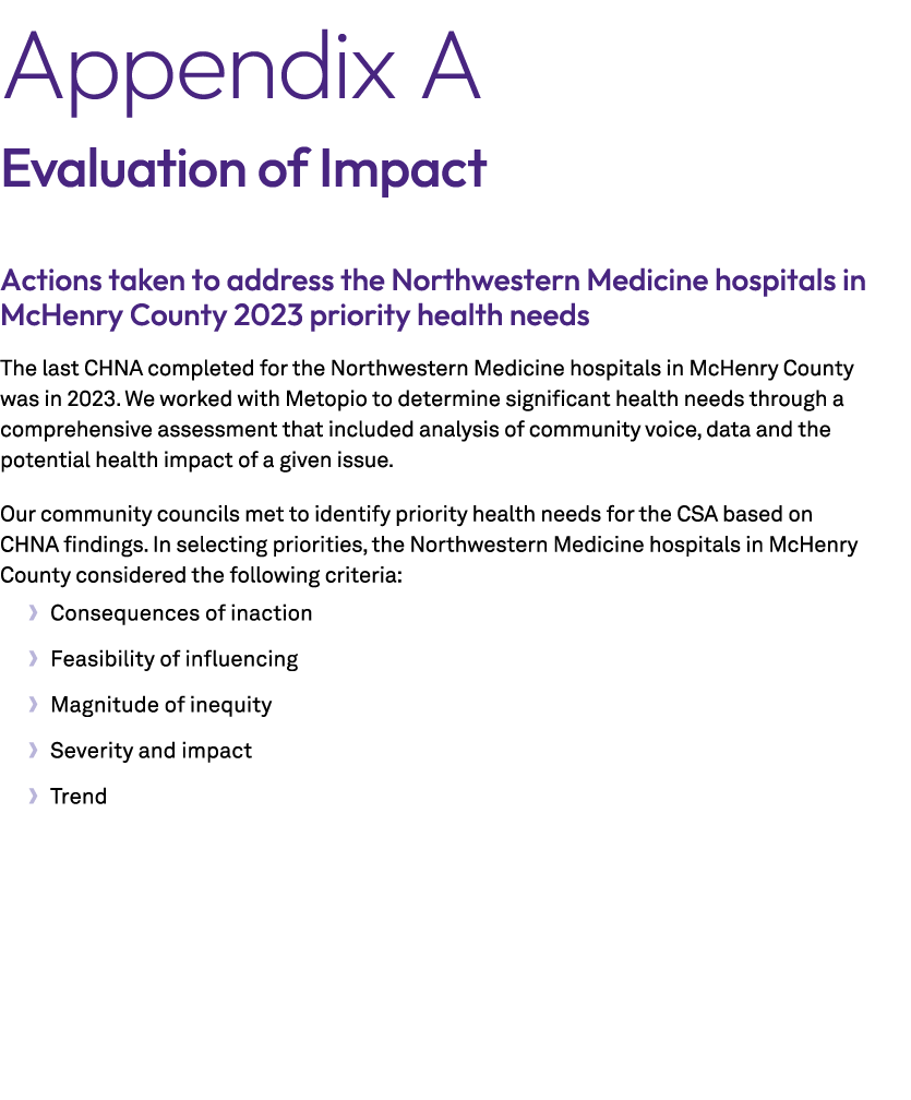 Appendix A Evaluation of Impact Actions taken to address the Northwestern Medicine hospitals in McHenry County 2023 p...