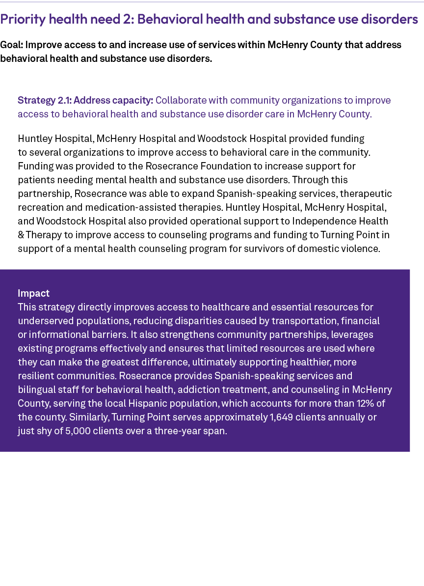 Priority health need 2: Behavioral health and substance use disorders Goal: Improve access to and increase use of ser...