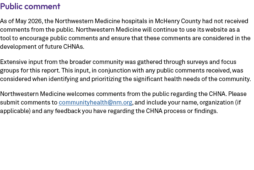 Public comment As of May 2026, the Northwestern Medicine hospitals in McHenry County had not received comments from t...