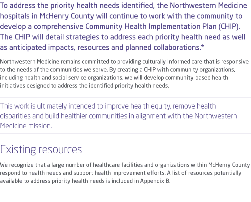 To address the priority health needs identified, the Northwestern Medicine hospitals in McHenry County will continue ...