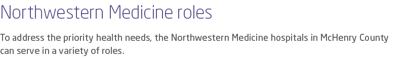 Northwestern Medicine roles To address the priority health needs, the Northwestern Medicine hospitals in McHenry Coun...