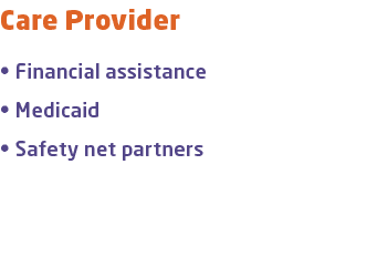 Care Provider • Financial assistance • Medicaid • Safety net partners 