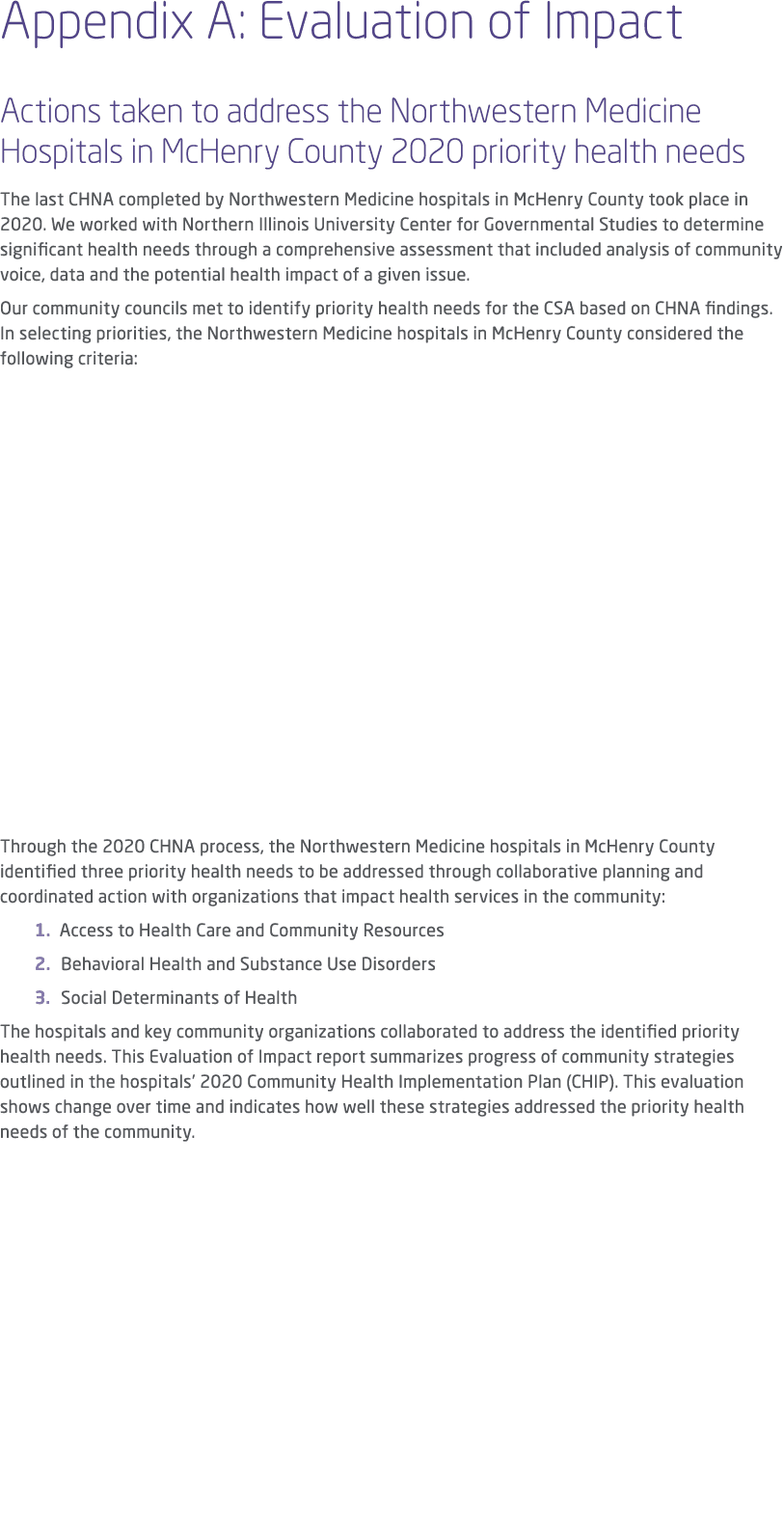 Appendix A: Evaluation of Impact Actions taken to address the Northwestern Medicine Hospitals in McHenry County 2020 ...