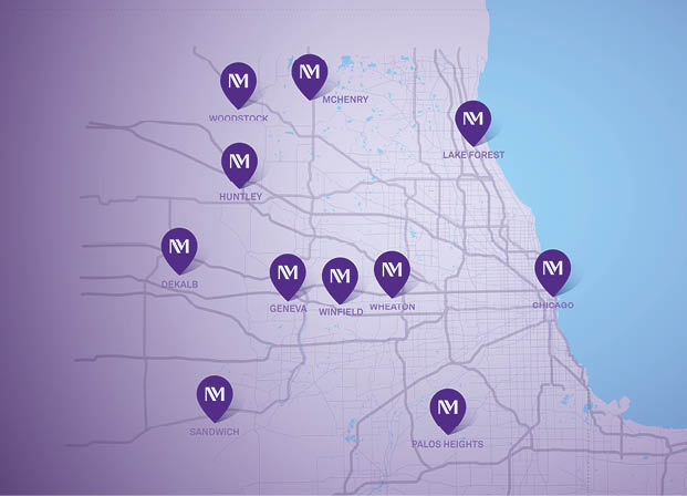 A map of Chicago with purple and white dots. Description generated by AI