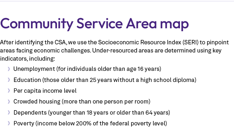 Community Service Area map After identifying the CSA, we use the Socioeconomic Resource Index (SERI) to pinpoint area...
