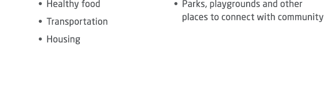 • Healthy food • Transportation • Housing • Parks, playgrounds and other places to connect with community 
