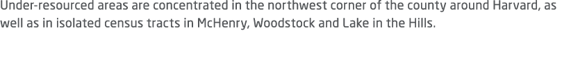 Under resourced areas are concentrated in the northwest corner of the county around Harvard, as well as in isolated c...