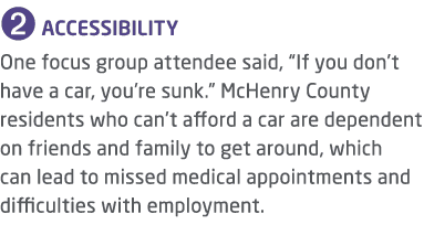 ➋ ACCESSIBILITY One focus group attendee said, “If you don’t have a car, you’re sunk.” McHenry County residents who c...
