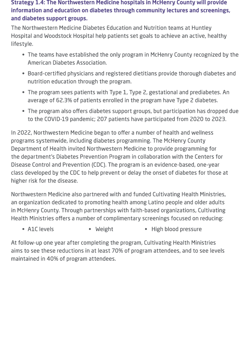 Strategy 1.4: The Northwestern Medicine hospitals in McHenry County will provide information and education on diabete...