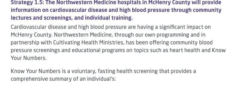 Strategy 1.5: The Northwestern Medicine hospitals in McHenry County will provide information on cardiovascular diseas...