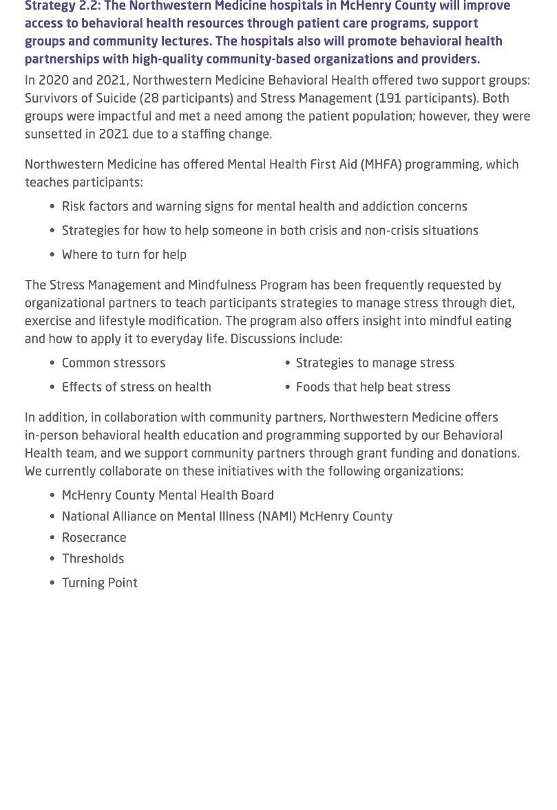 Strategy 2.2: The Northwestern Medicine hospitals in McHenry County will improve access to behavioral health resource...