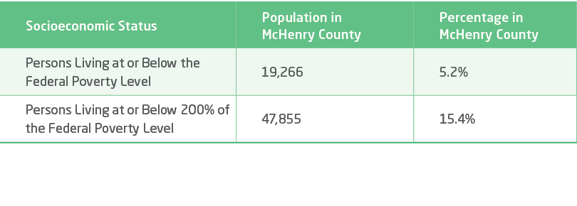 Socioeconomic Status,Population in McHenry County,Percentage in McHenry County,Persons Living at or Below the Federal...