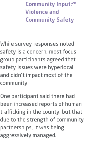 Community Input:28 Violence and Community Safety While survey responses noted safety is a concern, most focus group p...
