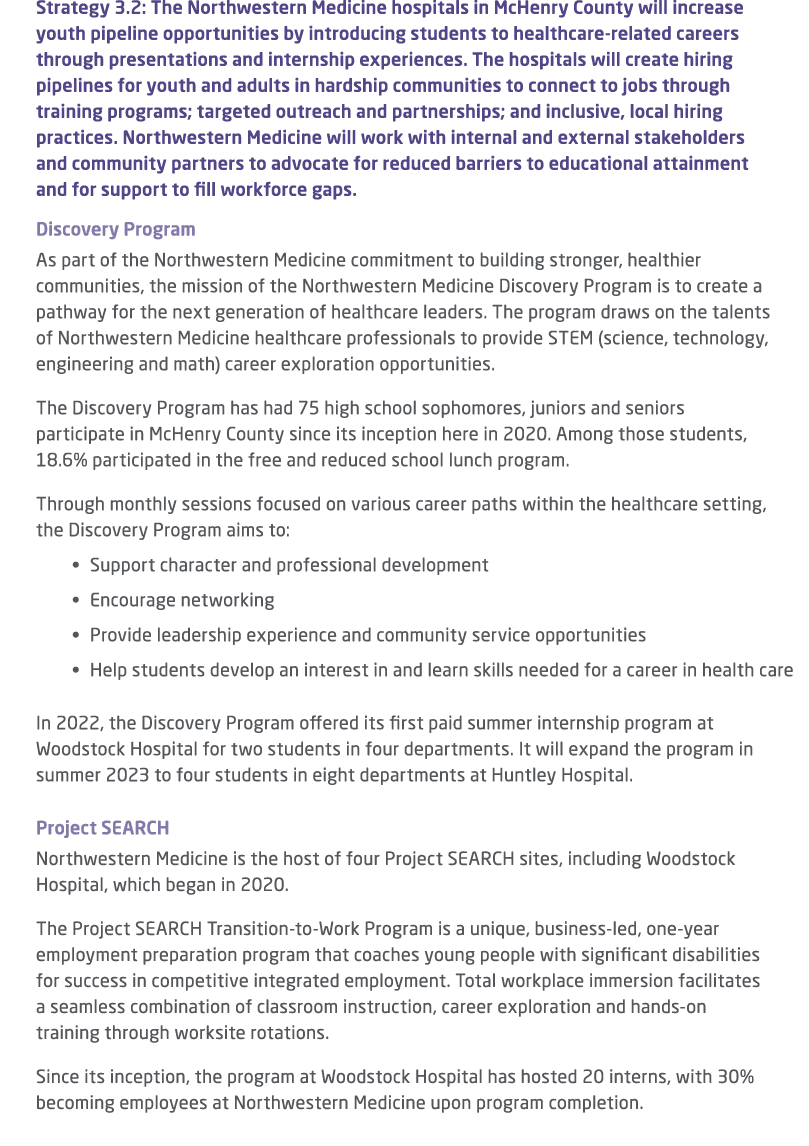 Strategy 3.2: The Northwestern Medicine hospitals in McHenry County will increase youth pipeline opportunities by int...