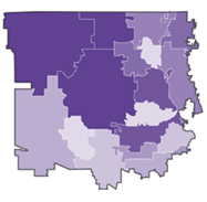 A map of the United States with a purple and blue color scheme. Description generated by AI