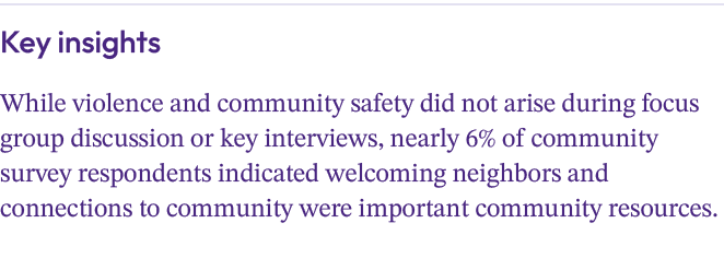 Key insights While violence and community safety did not arise during focus group discussion or key interviews, nearl...