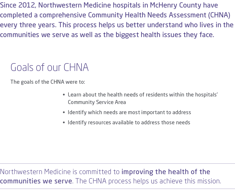 Since 2012, Northwestern Medicine hospitals in McHenry County have completed a comprehensive Community Health Needs A...