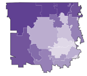 A map of a city with a purple and white color scheme. Description generated by AI