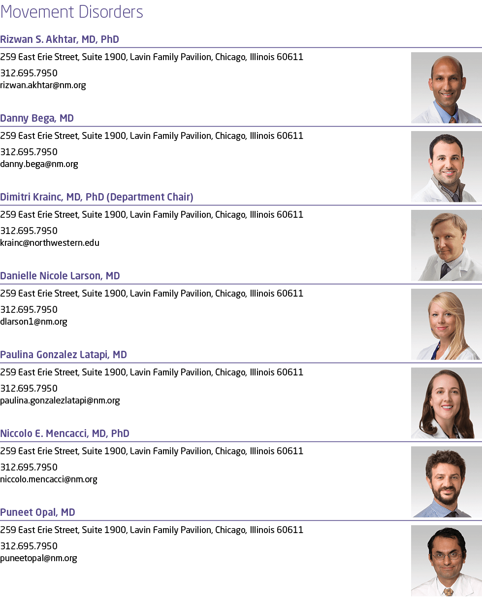 Movement Disorders Rizwan S. Akhtar, MD, PhD ￼259 East Erie Street, Suite 1900, Lavin Family Pavilion, Chicago, Illin...
