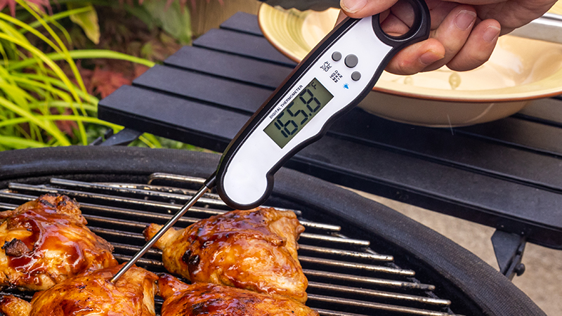 Meat thermometer reading 165 degrees Fahrenheit in barbecue chicken on a grill.