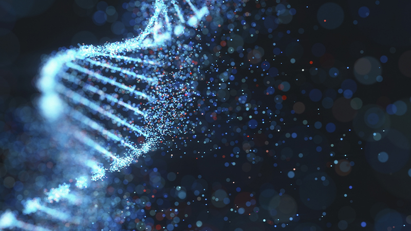 Photo illustration of glowing, light blue DNA on a dark background.