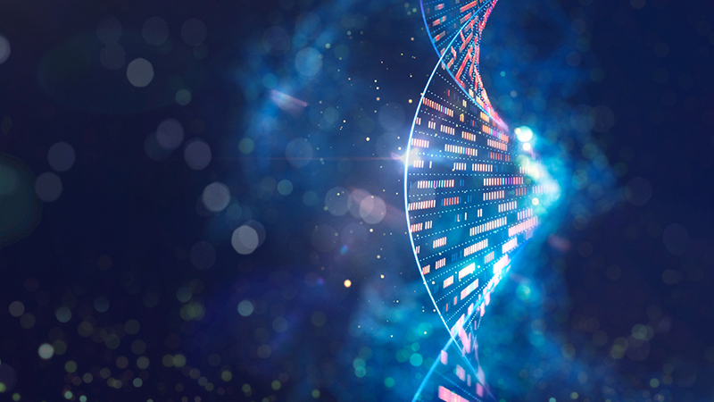 Illustration of glowing DNA on a dark blue background with genome mapping bars between the double helix.
