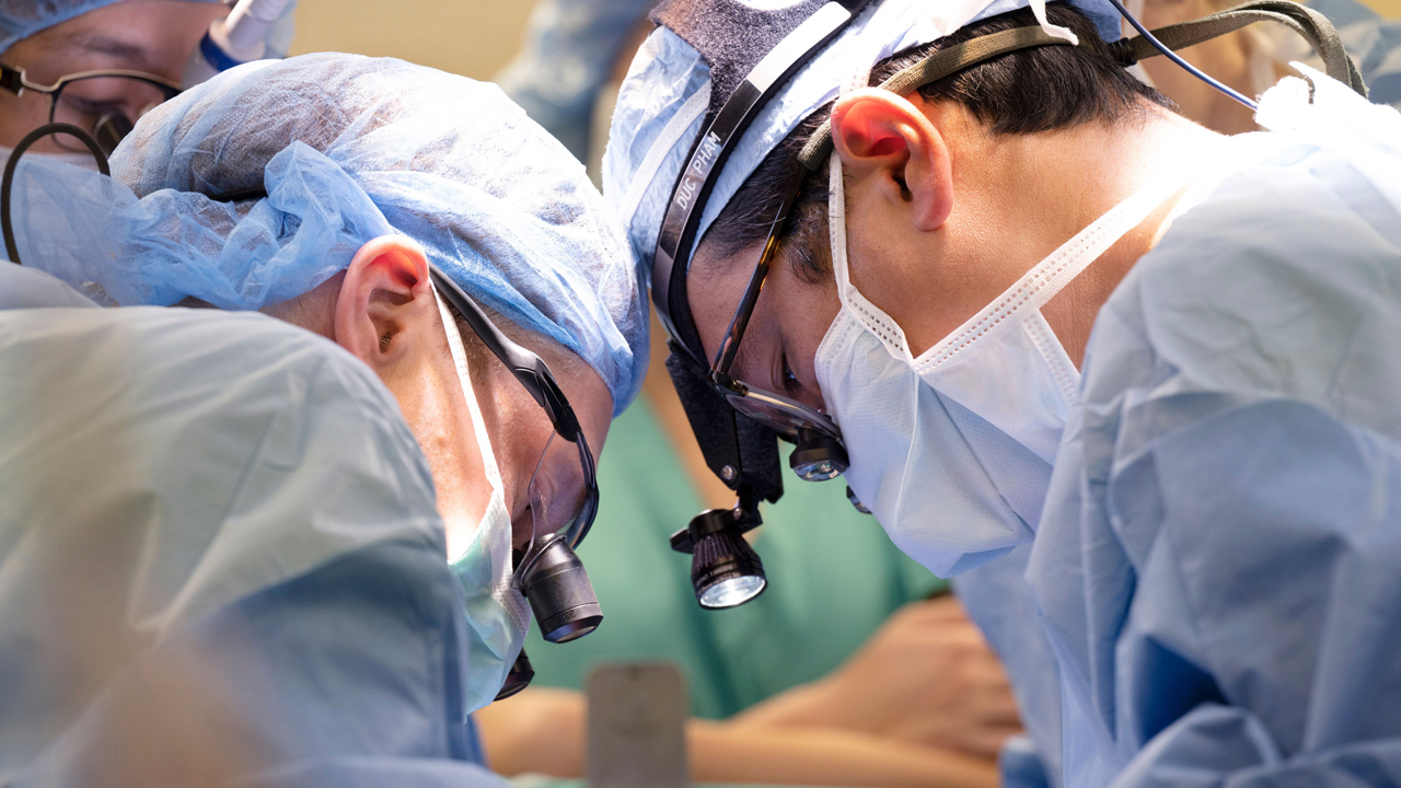 Benjamin S. Bryner, MD, and Duc Thinh Pham, MD, perform a transplant using a heart donated after circulatory death (DCD).