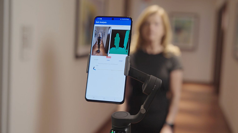 A person undergoing a gait speed and balance assessment. 