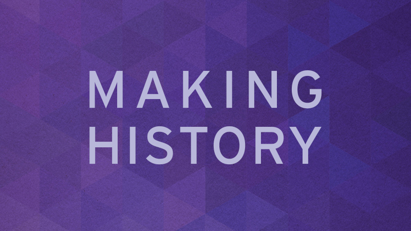 'Making History' in all caps with a purple background of repeating triangles. 