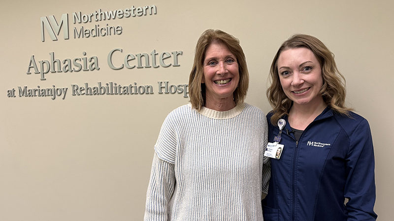 Linda Budziak and Michelle Armour, MS, CCC-SLP, at the Northwestern Medicine Aphasia Center at Marianjoy Rehabilitation Hospital.